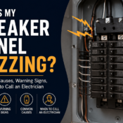 Buzzing electrical breaker panel with warning signs and common causes