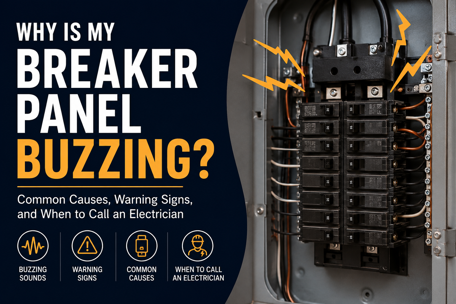 Buzzing electrical breaker panel with warning signs and common causes