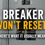 Residential electrical panel with circuit breakers illustrating a breaker that will not reset due to overloads, wiring faults, or electrical issues.