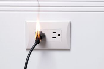 Burning electrical outlet with fire damage on power cord