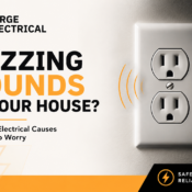 Buzzing electrical outlet warning graphic for homeowners experiencing buzzing sounds in walls, outlets, or breaker panels