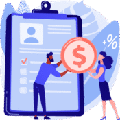 Illustration of two people reviewing financing options, representing Surge Electrical's flexible payment plans for electrical upgrades and repairs