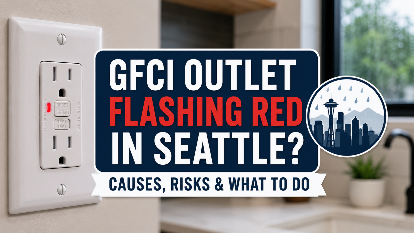 GFCI outlet flashing red warning light indicating a possible electrical fault, failed self-test, moisture issue, or outlet replacement need.