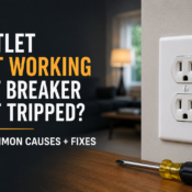 Electrical outlet not working but breaker not tripped with screwdriver and troubleshooting guide graphic