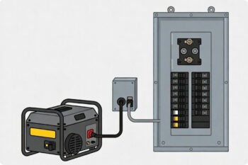 Diagram showing a portable generator connected through a generator inlet directly to a main electrical panel using a generator interlock