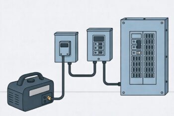 Portable Generator Connected Through Manual Transfer Switch to Main Panel Diagram showing a portable generator connected to a generator inlet, then through a manual transfer switch, and into a main electrical panel