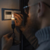 Man checking thermostat during power outage using candlelight