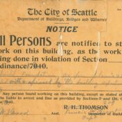 Historic City of Seattle stop-work notice from the early 1900s issued by the Department of Buildings, Bridges and Wharves.