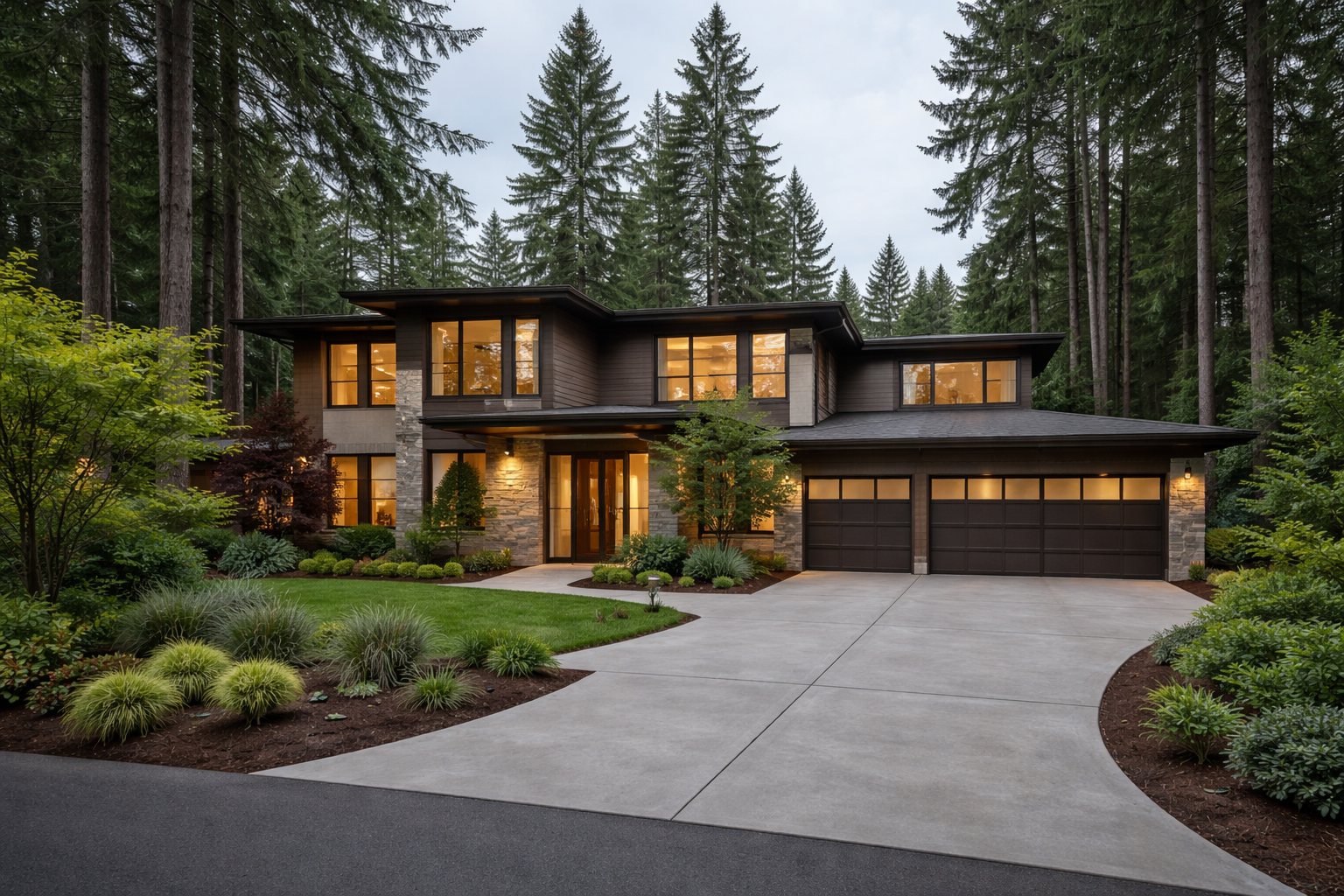 Modern Seattle home with warm interior lighting symbolizing stable electricity and whole-home surge protection