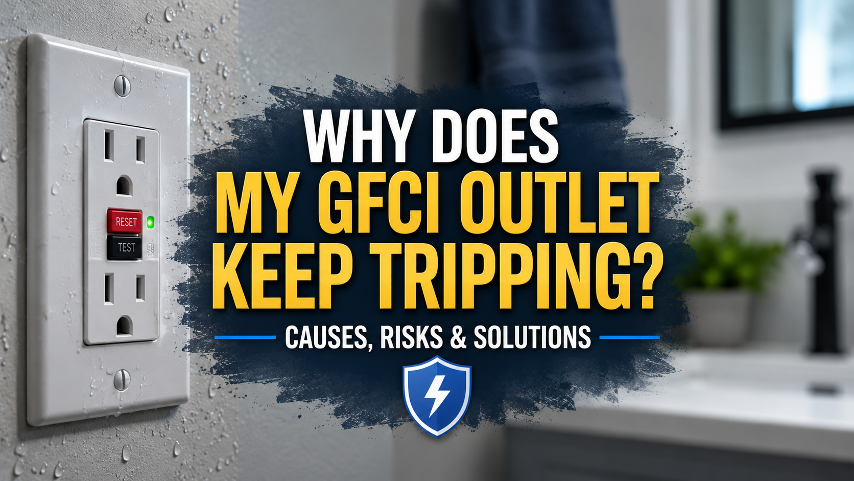 GFCI outlet with reset and test buttons on a wall with moisture droplets illustrating common causes of repeated GFCI outlet trips, including moisture, ground faults, and electrical issues.